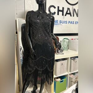 Fundaisy Black Beaded Fringe Flapper Dress - Size L